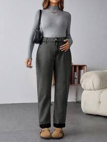 SHEIN Quần jean bầu màu trơn kiểu dáng thường ngày - màu đen - Xem 5