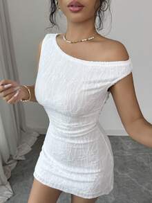 Elenzga Women's Summer New Beach Holiday Dress, White Knit Asymmetrical Shoulder, Sleeveless Fitted A-Line Mini Dress - White - View 3