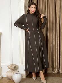 Veilorie Damen Lässig Kleid in Große Größen mit Stehkragen, Langarm und Taillenzug - Kaffeebraun - Übersicht 6