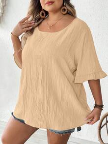 SHEIN CURVE+ 大码女式卡其色荷叶边短袖衬衫，宽松休闲下摆，适合日常及度假穿着，夏季，曲线身材，波西米亚风夏季/乡村/度假/海滩装扮 - 卡其色 - 查看 4