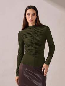 BizChic 女士绿色褶皱领口网纱上衣，百搭实用，适合都市通勤、商务、休闲、约会、婚礼、度假等场合。 - 軍綠色 - 查看 4