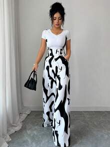 Elenzga Women's Elegant Digital Print Straight Leg Pants With Suspender And Button Decor, High-Waisted Design To Accentuate Curves, Versatile For Formal Work, Commute, Sexy Attire, Romantic French Style, Casual Outings, Vacations, Middle Eastern Vintage Themed Events, Cozy Afternoon Tea Gatherings, Glamorous Parties, As Well As New Year, Thanksgiving, Christmas, Valentine's Day And Other Holiday Celebrations - Black and White - View 4