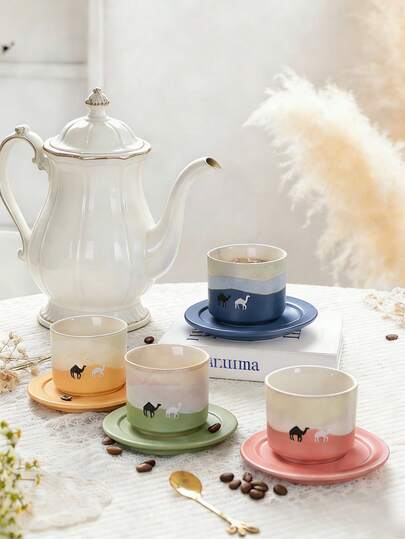 1pc Camel Pattern Ceramic Tea Cup And Saucer Set, Gradient Color Coffee Cup, 80ml Espresso Mug. Ideal For Afternoon Tea, Family Gatherings, And Versatile Use In Bedrooms, Living Rooms, Studies, Or Cafes