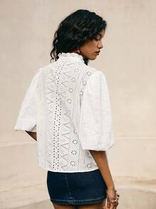 Poéselle Women's V-Neck Burnout Embroidered Fashionable Versatile Lantern Sleeve Top,White Eyelet Embroidered Puff Sleeve Blouse For Women,V Neck Summer Top, Chic French Casual Shirt,Summer Blouse - White - View 3