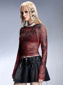 ROMWE Grunge Punk Spring Y3K Cybersigilism Print Mesh Sheer Fitted Top - Red - View 5