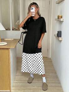 SHEIN LUNE Vestido midi feminino casual de verão com estampa de bolinhas e patchwork, ideal para férias, trabalho e uso diário. Manga curta. - Preto e Branco - Ver 5