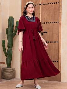 SHEIN Teen Girl Elegant Round Neck Ruffle Sleeve Pattern Patchwork Solid Color Dress - Red - View 6