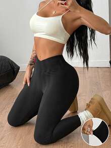 Coolane Women's Winter Minimalist Basic Daily Wear Sport Yoga Casual Going Out Rib Knit Stretchy Tights High Waisted Black Leggings - Black - View 3