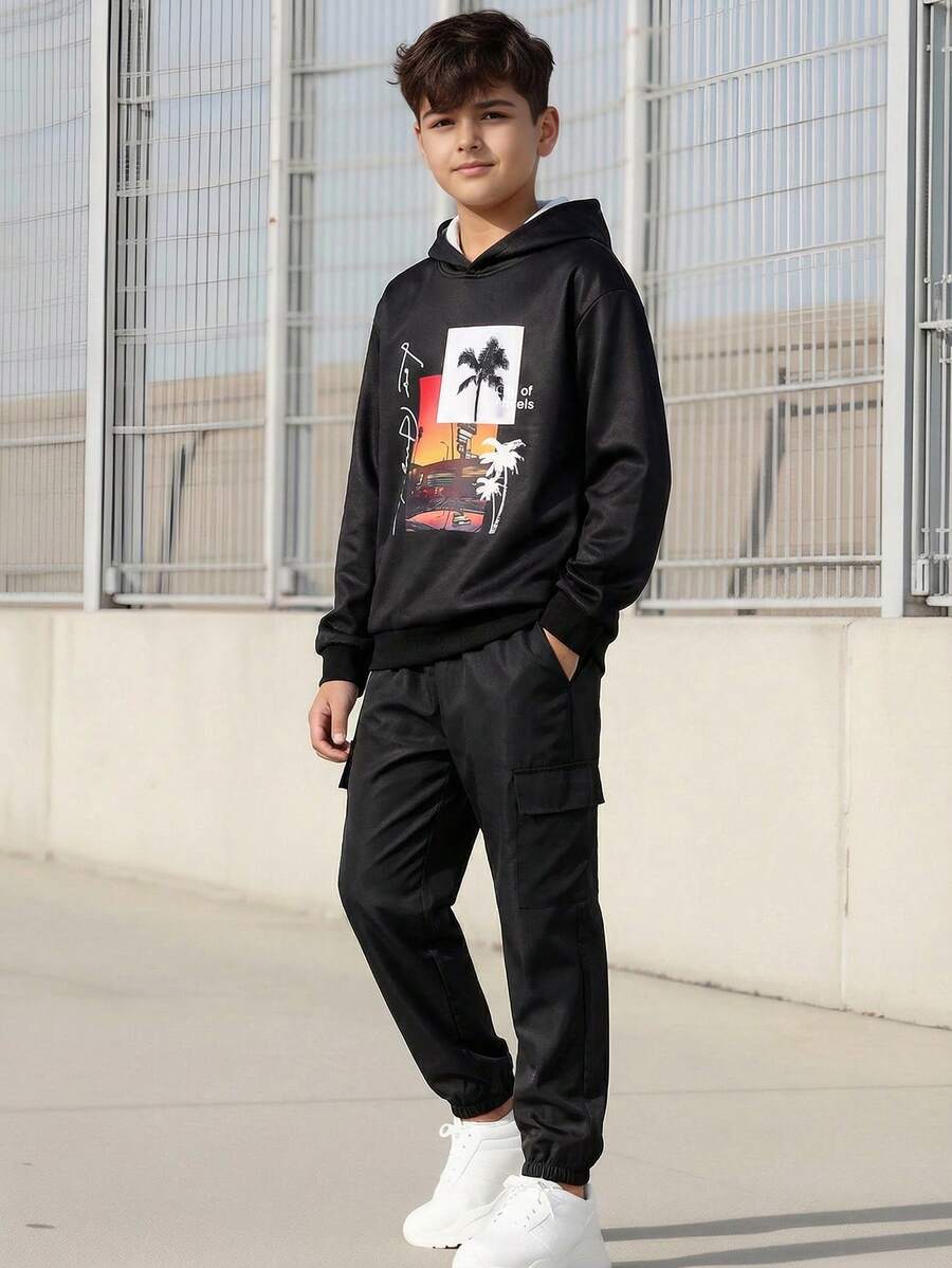 Vacaura 青少年男童热带印花连帽衫和运动裤套装，秋季休闲装 - 黑色 - 查看 1