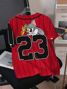 TOM & JERRY X SHEIN Tween Boy Striped & Cartoon Graphic Color Block Round Neck Short Sleeve T-Shirt - White - View 2