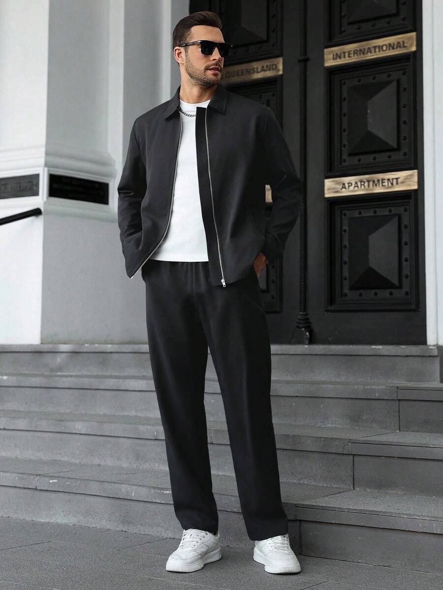 Manfinity CasualCool Men's Solid Color Zip-Up Jacket & Drawstring Pants 2 Piece Set,Black Autumn Casual Smart Holiday Commuter Suit,Dark Academia Clothes Joggers Sweatsuit - Black - View 1