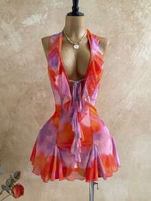 Soleia 女士扎染印花系带荷叶边下摆性感深V领连衣裙，度假款 - 彩色 - 查看 5