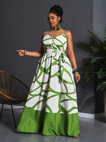 Slaydiva 2026 Plus Size Women Tropical Plant Print Sleeveless Dress, Vacation - Green - View 7