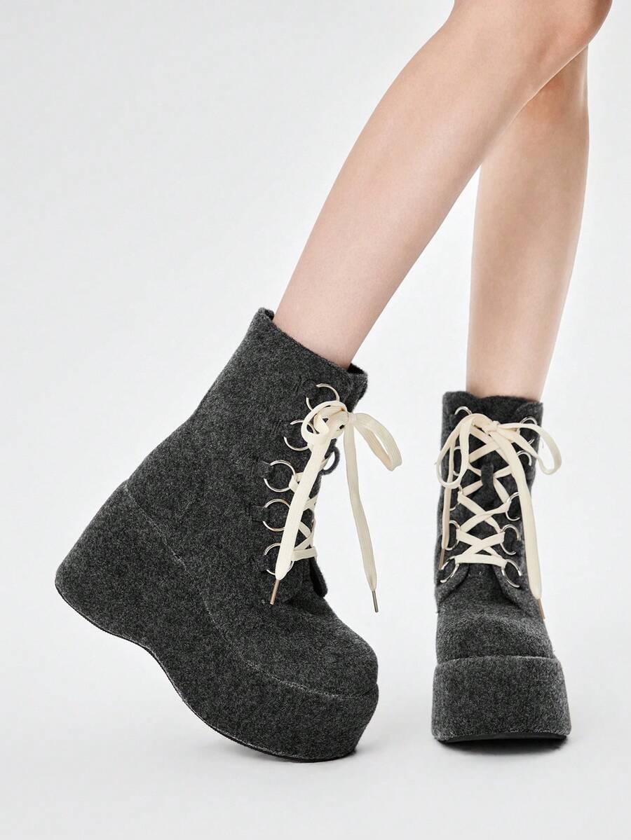 ROMWE Kawaii Giày bốt cổ ngắn đế cao, buộc dây, kiểu punk gothic Y2K dành cho nữ, thích hợp cho ngày Valentine. - Màu xám - Xem 1