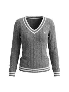 INAWLY Women's Floral Embroidered Bowknot V-Neck Long Sleeve Fitted Sweater - Dark Grey - View 4