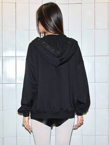 ROMWE Street Life 男女通用街头朋克标语和美元图案复古抓绒开襟卫衣 - 黑色 - 查看 3