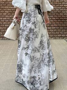 FRIFUL 女士印花交叉蝴蝶结系带A字宽松半身裙，适合夏季度假 - 黑色 - 查看 7