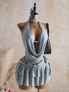 Bellisia Bộ bikini 4 món gợi cảm màu xanh bạc hà ánh kim, cổ xếp ly, thích hợp cho kỳ nghỉ hè 2022, đi biển. - màu xanh lá - Xem 1