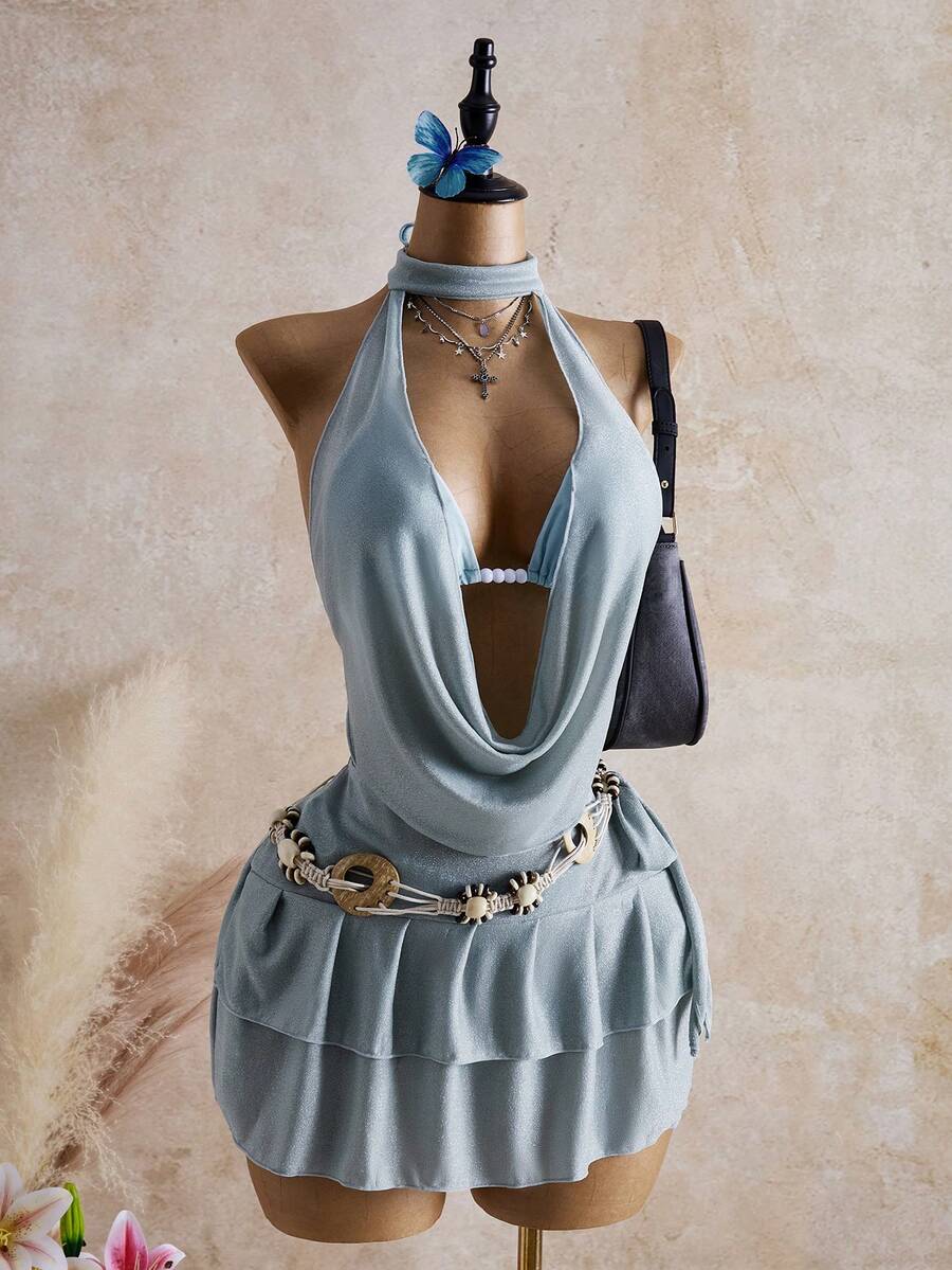 Bellisia Bộ bikini 4 món gợi cảm màu xanh bạc hà ánh kim, cổ xếp ly, thích hợp cho kỳ nghỉ hè 2022, đi biển. - màu xanh lá - Xem 1