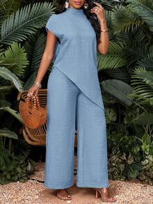 SHEIN Lady 春夏秋冬蓝色梭织立领不对称插肩袖长袖短袖加大码套装 - 淺藍色 - 查看 8