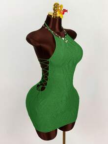 Amplova Vestido mini ajustado de tela texturizada con tirantes cruzados en la cintura - Verde - Ver 9