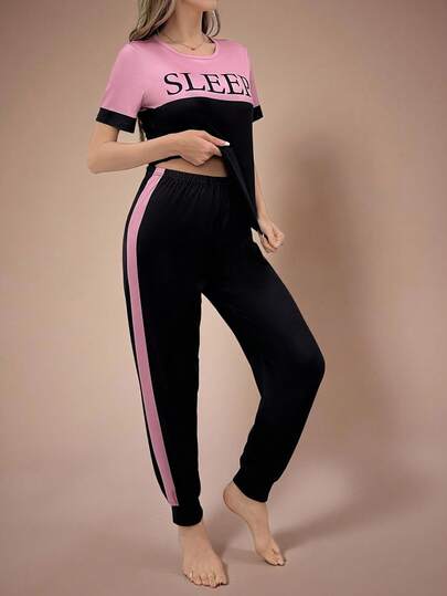 Lazeform 女士拼色短袖上衣和长裤休闲字母印花睡衣套装