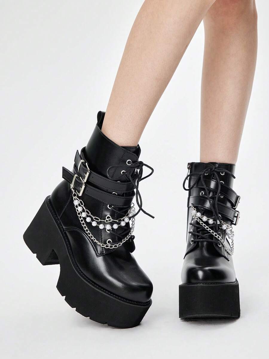 ROMWE Women Shoes Thick-Soled Thick-Heeled Women's Boots, Punk Style Double Belt Buckle Pearl Metal Chain, Gothic Ankle Boots Side Zip-Up Lace-Up Boots Valentine's Day - Black - View 1