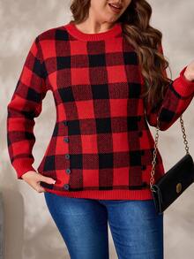 EMERY ROSE Autumn/Winter New Casual Versatile Houndstooth Design Round Neck Long Sleeve Pullover Sweater With Black Decorative Buttons For Women, Fitted Waist - Multicolor - View 3