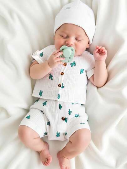 Newborn Baby Boy Summer Crepe Short Sleeve Outfit, Cardigan Design For Easy Wear, Cute Cactus Pattern + Shorts With Buttons For Convenient Dressing, Suitable For Daily Wear (Baby Clothes Set)