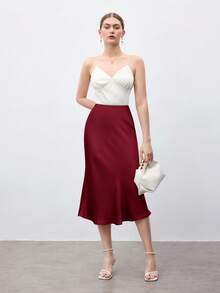 BizChic 新款酒红色缎面A字裙，优雅女士办公着装，春夏款 - 酒紅色 - 查看 7