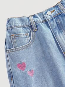 SHEIN 女童粉色爱心刺绣蓝色牛仔破洞裙 - 淺色水洗藍 - 查看 4