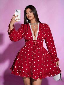 Viva Relle Plus Size Women's Contrast Lace Deep V Neck Heart Pattern Sexy Dress