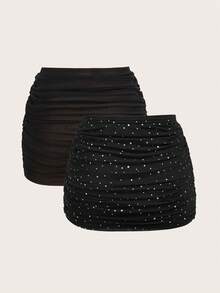 SHEIN EZwear Chân váy mini ôm sát màu đen xếp ly bằng lưới dành cho nữ. - màu đen - Xem 2