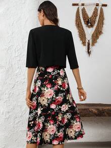 EMERY ROSE Bộ đồ 2 món thanh lịch dành cho nữ: áo khoác cardigan màu trơn và váy không tay in hoa. - Nhiều màu - Xem 2