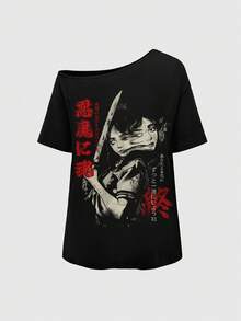 ROMWE Anime 动漫恶魔少女性感不对称肩音乐节朋克摇滚女士T恤 - 黑色 - 查看 1