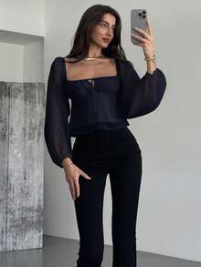 Aloruh Ruched Gathered Waist Flared Hem Textured Fabric Long Sleeve Blouse For Women - Blue - View 7