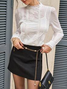 Cévolie Camicia a maniche lunghe con colletto alla coreana, ricamata, con bordo in pizzo francese - Bianco - Visualizzare 3