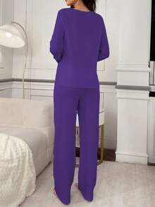 Casual Women's Purple Long Sleeve Pajama Set Round Neck Knitted With Letter Print Relaxed Fit Sleepwear Purple Pajamas Set Women Lounge Set - Purple - View 2