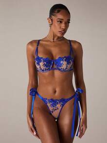 SHEIN BAE Bộ đồ lót ren thêu màu xanh da trời 2 món dành cho nữ - Xanh đậm - Xem 6