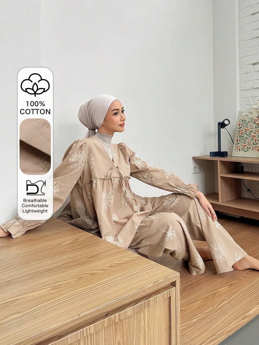 DAZY 印花褶皱泡泡袖女士睡衣套装 - 駝色 - 查看 1