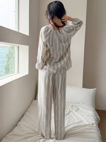 DAZY Sweet Plaid Frill Trim Loose Lantern Sleeve Women Pajama Set - Apricot - View 2