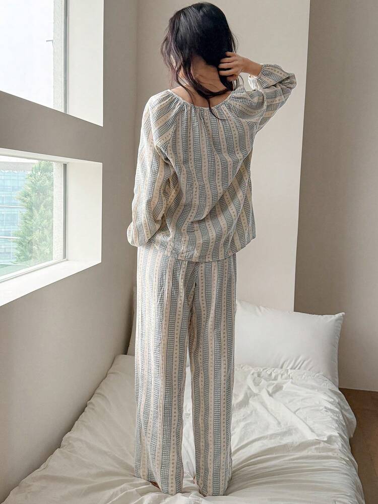 Sweet Plaid Frill Trim Loose Lantern Sleeve Women Pajama Set