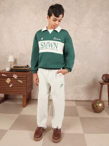 SUMWON Boys Color Block Polo Collar Sweatshirt With Chest Print Logo Casual Long Sleeve Pullover Top Fall Winter Fashion Vacation - Dark Green - View 3