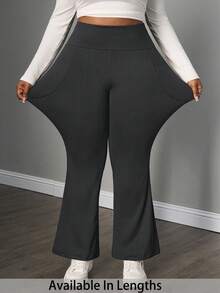 SHEIN PETITE CURVE 大码女装秋冬返校休闲家居服瑜伽舒适户外纯黑色针织弹力腰高腰口袋喇叭裤，带口袋打底裤 - 灰色 - 查看 7