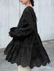 FRIFUL Women's Round Neck Cotton Embroidered Loose Hem Ruffle Patchwork Lantern Sleeve Blouse T-Shirt