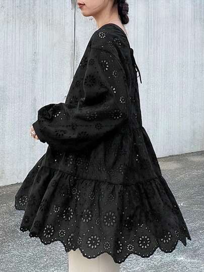 FRIFUL Women's Round Neck Cotton Embroidered Loose Hem Ruffle Patchwork Lantern Sleeve Blouse T-Shirt