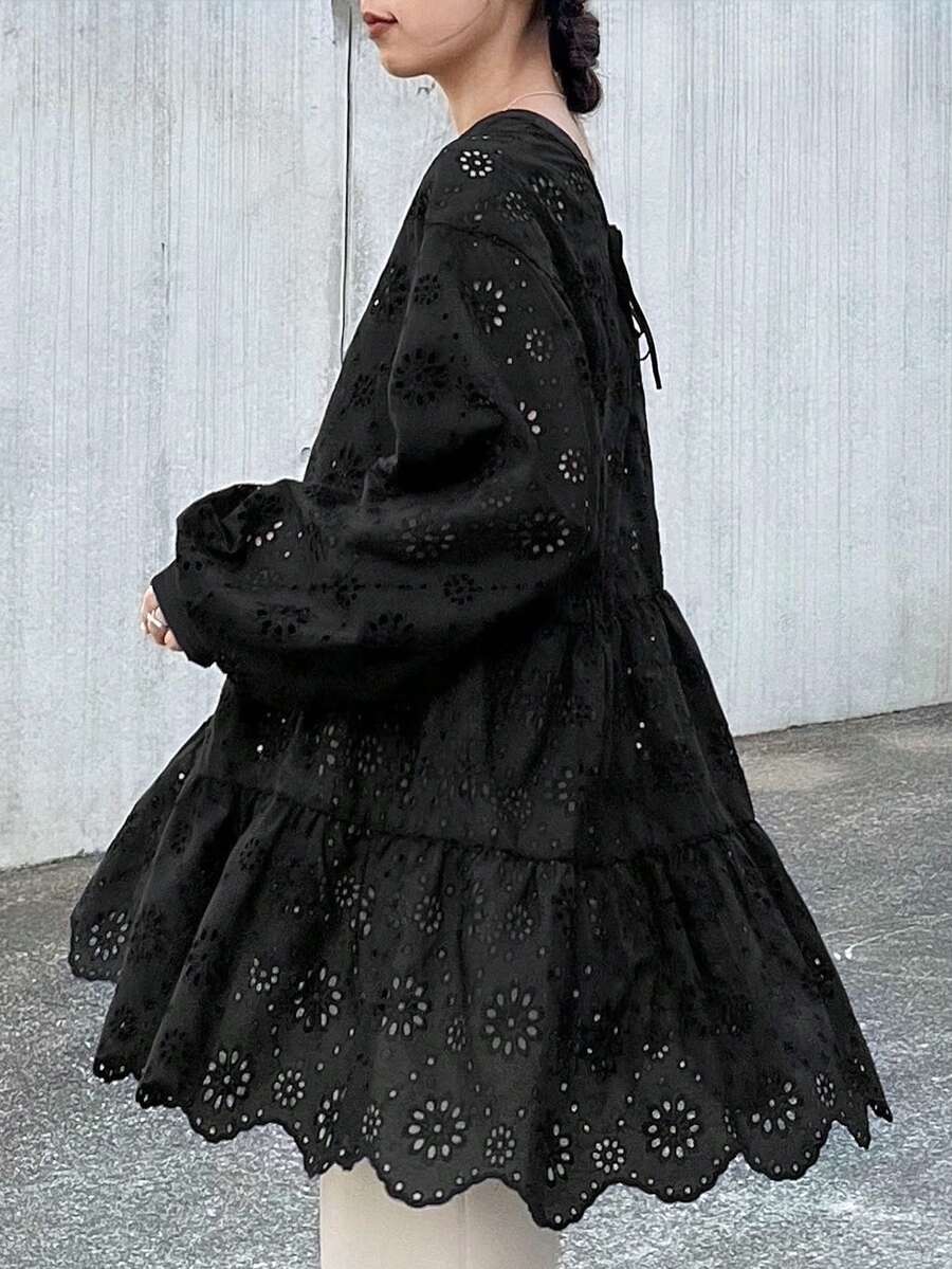 FRIFUL Women's Round Neck Cotton Embroidered Loose Hem Ruffle Patchwork Lantern Sleeve Blouse T-Shirt