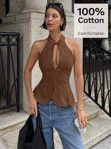 Siren Gaze Áo croptop ôm sát cổ yếm khoét rỗng thắt nơ dành cho nữ, áo không tay xẻ tà phía trước. - màu nâu - Xem 3