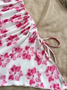 SHEIN Đầm midi ôm sát, kiểu dáng bất đối xứng, cổ yếm, in hoa, dành cho bé gái tuổi teen, thích hợp cho mùa xuân & hè, ngày Valentine, phong cách thanh lịch, màu hồng & trắng/cổ điển. - Hồng - Xem 5