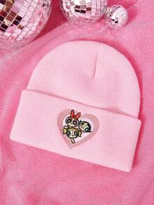 THE POWERPUFF GIRLS X SHEIN 1pc Knitted Beanie Hat With Cartoon Embroidery Pattern, Fashionable Street Riding Gift Choice - A - View 1
